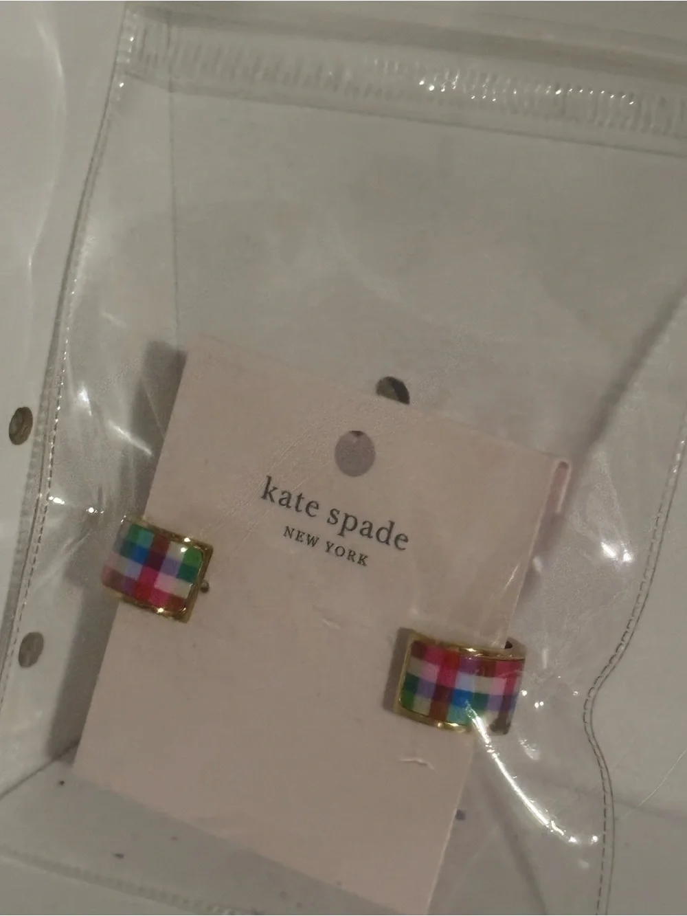 kate spade Multicolor Plaid Enamel Huggie Studs with Gold Trim